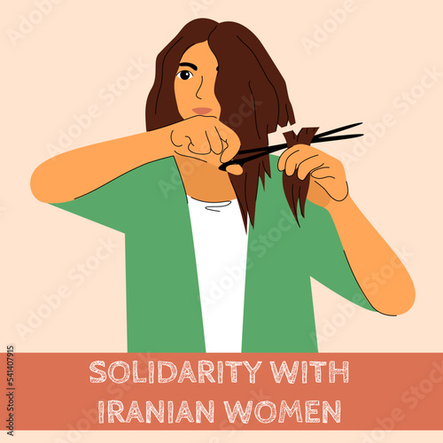 Girl cut hair for solidarity with iranian women protest for freedom. Women allyship against violence discrimination in Iran.