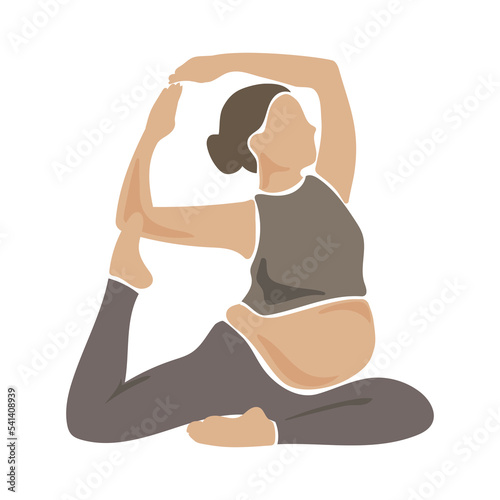 Pregnant woman doing yoga or stretching,doing yoga asana and relaxation,exercises for pregnant women,vector simple flat style illustration.Happy and healthy pregnancy concept isolated on white 