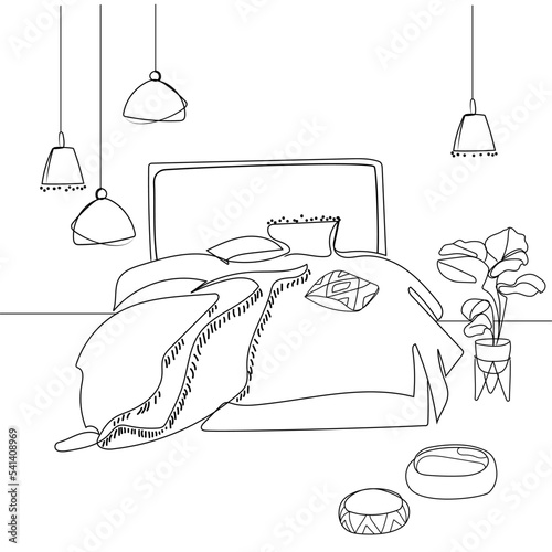 Bedroom interior with double bed,decorative hanging chandeliers,houseplant Sketch line drawing vector illustration.Bedroom interior design in boho style.Modern furniture in a minimalist style