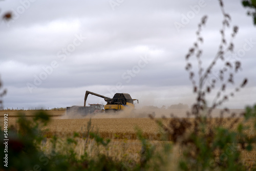 Combine harvester with truck harvesting grain field at Stonehenge on a cloudy summer day. Photo taken August 2nd, 2022, Stonehenge, England.