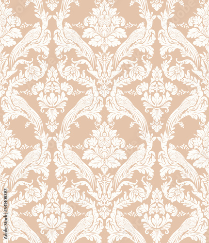 Damask seamless pattern with bird wallpaper background Free Vector