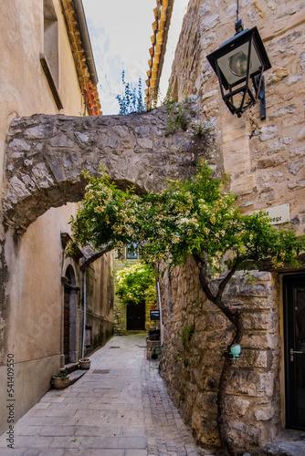 Fototapete Narrow cobblestone street and archways in the medieval village of Les Matelles,