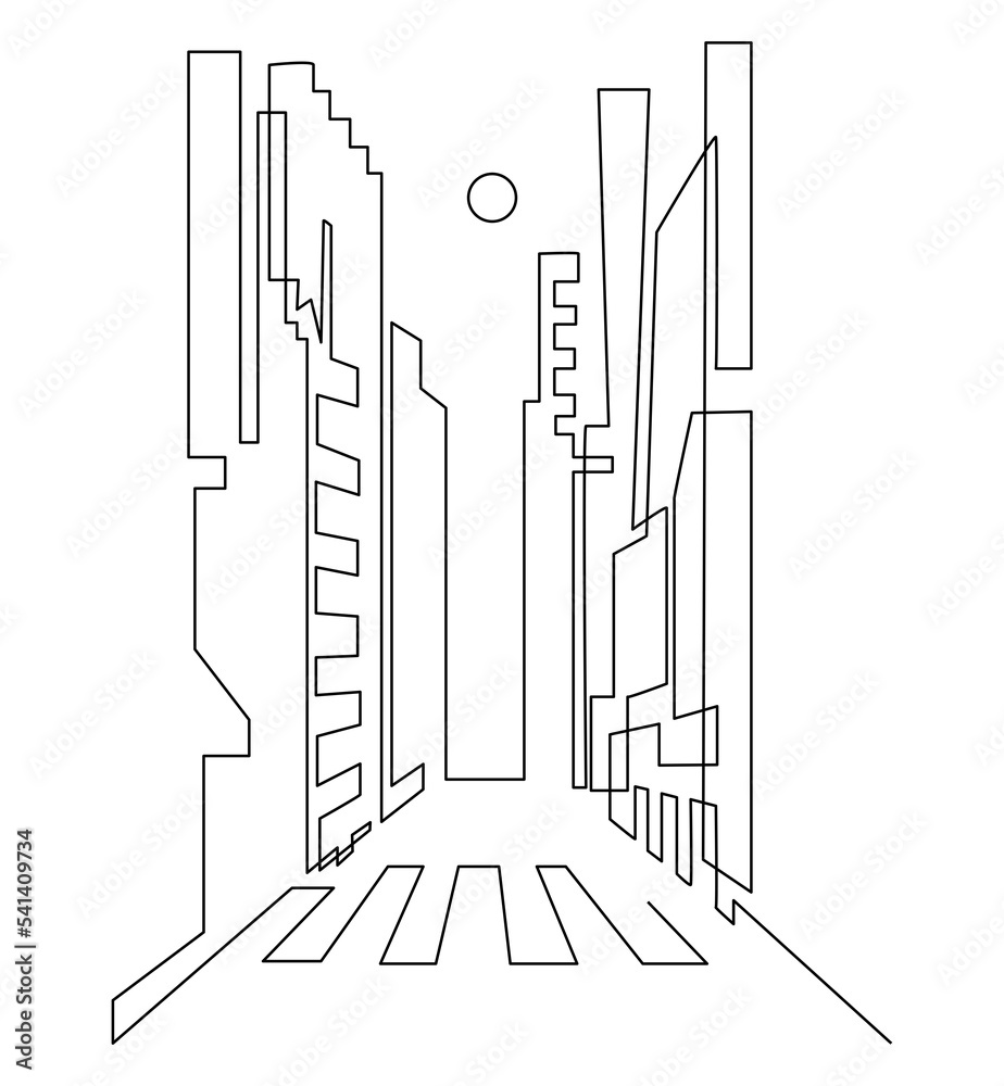 Megacity with skyscrapers. High-rise buildings on the sides of the road. Sunrise or sunset or moon. Continuous line drawing illustration. Megacity with skyscrapers. High-rise buildings on the sides of the road. Sunrise or sunset or moon. Continuous line drawing illustration.