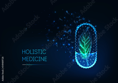 Fototapete Holistic medicine concept with glowing futuristic low polygonal capsule pill and green leaf