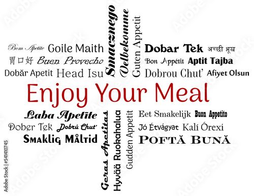 Enjoy your meal Kalligrafischer Gruß Vektor in allen Sprachen der Europäischen Union, chinesisch und Hindi in Rot und Schwarz. Weiser Hintergrund.
Für Hintergründe und Poster. photo