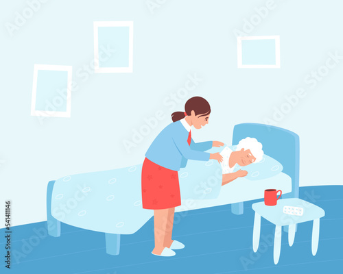 An elderly woman lies down to rest under the supervision of a nurse. The nurse provides a good sleep to the elderly patient. Flat vector illustration.