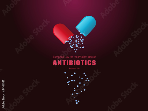 European Day for the prudent use of antibiotics. Open capsule with the contents falling out in the form of pellets.
