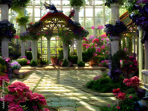 きれいな花の咲く庭園とお屋敷の写実的イラストです。