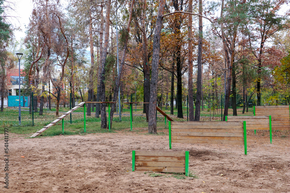 an empty dog playground in the fall. shells for practicing with a dog