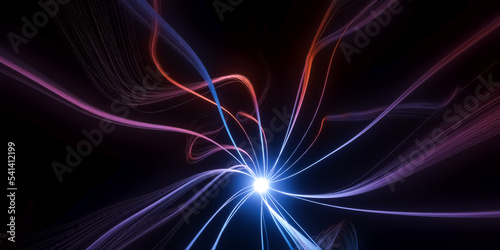 Abstract 3D illustration of purple glowing orb with long curly waving tendrils, science or research concept, neuron cell or synapse visualization on black background