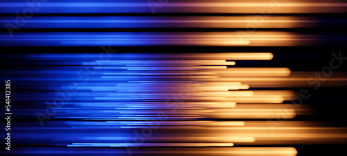 Abstract illustration of horizontal blue yellow glowing bright neon light streaks or laser rays of light. Visualization of data transfer, rapid movement or cyberspace on black background