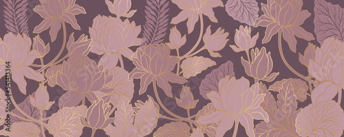 Lotus flower outline hnd drawn style. Asian national symbol plant. Vintage sketch design.