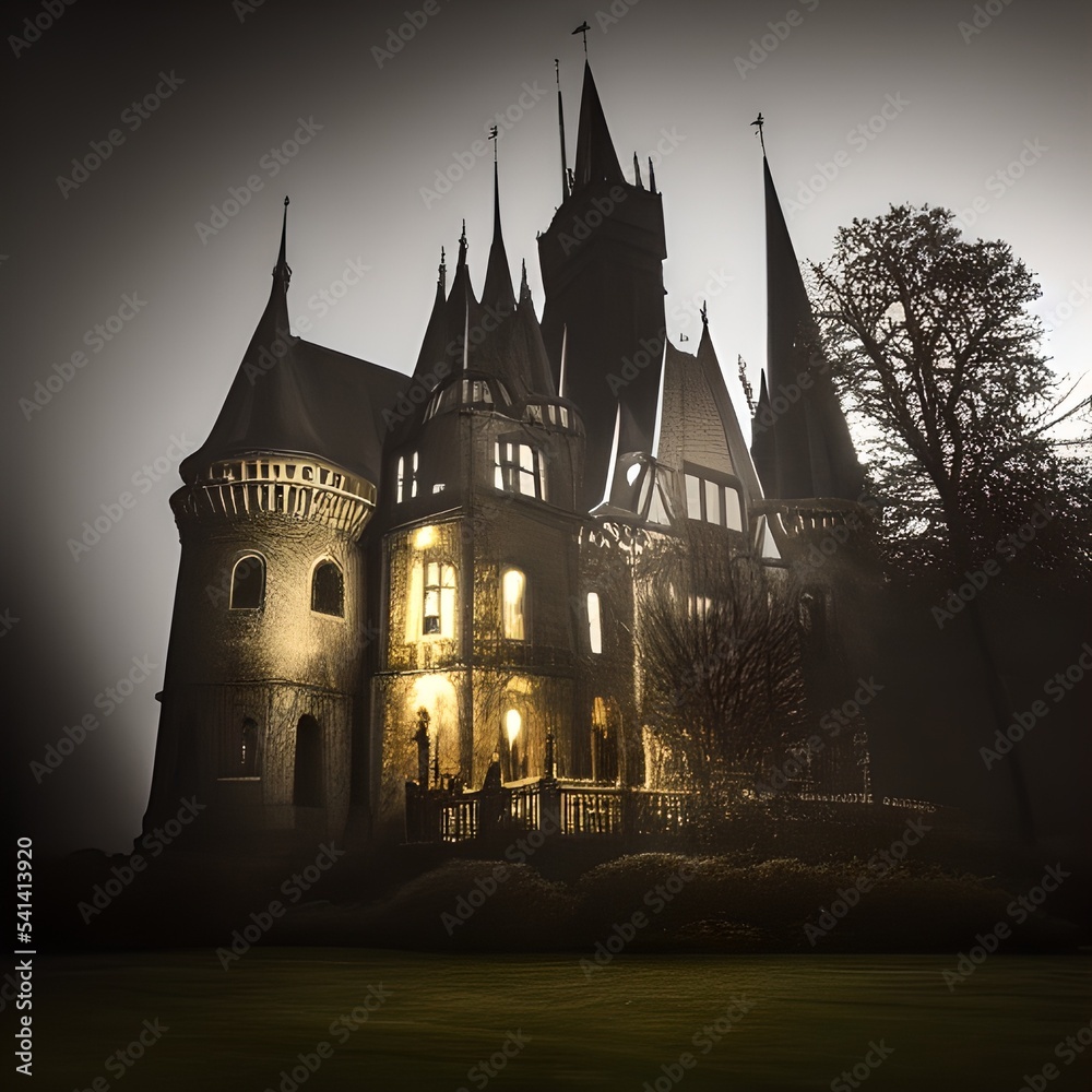 Spooky castle at night