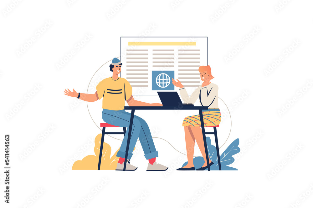 Internet news web concept. Man and woman work in online media, discussing latest global events. Journalists work in office, minimal people scene. Illustration in flat design for website Internet news web concept. Man and woman work in online media, discussing latest global events. Journalists work in office, minimal people scene. Illustration in flat design for website