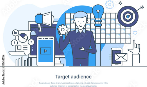 Target audience, customers outreach and sales generation web banner. Business goal concept. Digital targeting marketing, market research, reaching audience thin line design