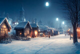 Digital illustration of a winter village at night. Art. Background, illustration. Realism,