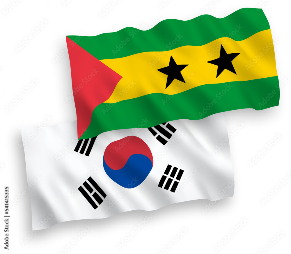 National vector fabric wave flags of South Korea and Saint Thomas and Prince isolated on white background. 1 to 2 proportion.
