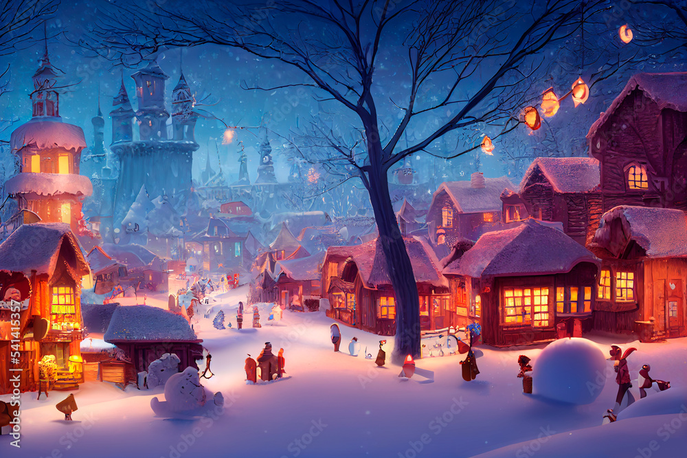 Digital illustration of a winter village at night. Art. Background, illustration. Realism