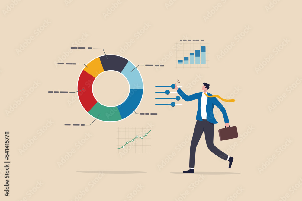 Investment portfolio adjustment, asset allocation rebalance, diversify financial plan for economic recession, inflation and interest rate concept, businessman fund manager adjust portfolio pie chart.
