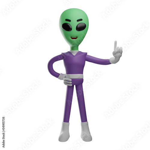  3D illustration. 3D Alien Cartoon Character with finger pointing up. with hands on hips. Shows a laughing facial expression. 3D Cartoon Character