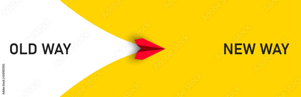 Red paper airplane flying old way new way. New Idea concept. business life change concept. Different thinking, Business leader, personality development idea concept. - obrazy, fototapety, plakaty 