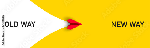 Red paper airplane flying old way new way. New Idea concept. business life change concept. Different thinking, Business leader, personality development idea concept. photo