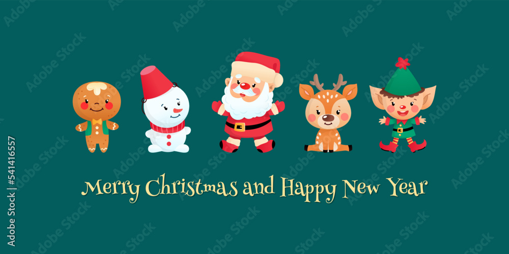 Merry Christmas card and Happy New Year card with cute characters. Winter holiday illustration of a gingerbread man, a snowman, a Santa Claus, a little deer and an elf on a dark green background. Merry Christmas card and Happy New Year card with cute characters. Winter holiday illustration of a gingerbread man, a snowman, a Santa Claus, a little deer and an elf on a dark green background.