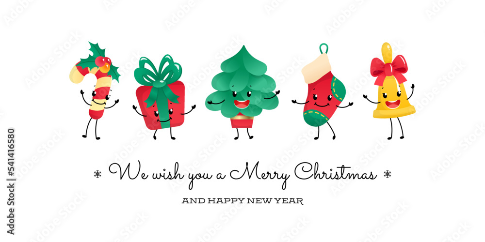 We wish you a Merry Christmas card and Happy New Year card with funny characters. Winter holiday illustration of a candy cane, a gift box, a fir tree, a sock and a bell isolated on a white background.