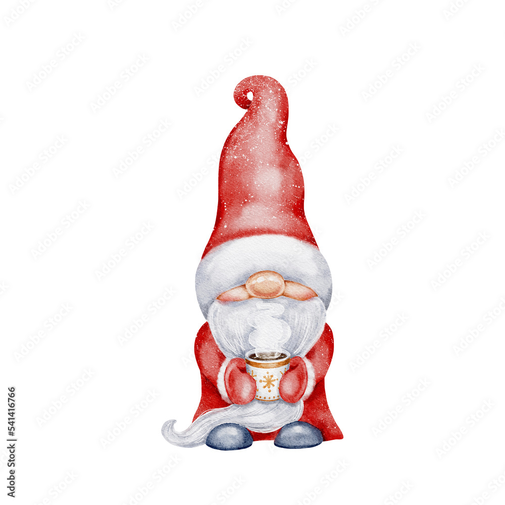 Cute Christmas gnome with a cup of hot drink, santa claus. Funny cartoon character. Watercolor hand painted illustration. New Year holiday design for cards, invitations, scrapbooking Cute Christmas gnome with a cup of hot drink, santa claus. Funny cartoon character. Watercolor hand painted illustration. New Year holiday design for cards, invitations, scrapbooking