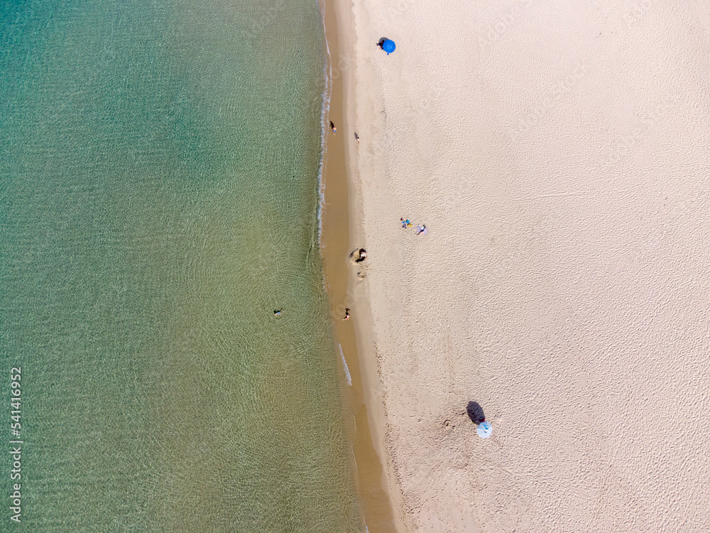 Top view with drone of the wild Scivu bay and the dune system of the wwf oasis, Costa Verde, Arbus, Sardinia
