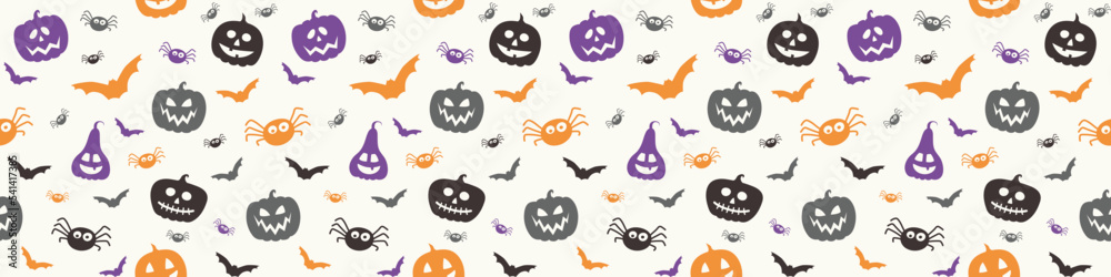 Halloween pattern with funny pumpkin lanterns, bats and spiders. Banner. Vector