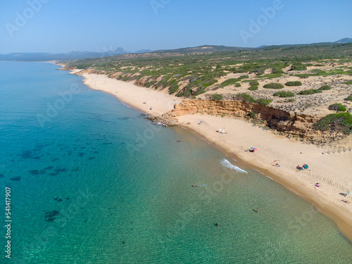 Top view with drone of the wild Scivu bay and the dune system of the wwf oasis, Costa Verde, Arbus, Sardinia