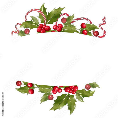 Christmas frame made of mistletoe and ribbon. Festive decoration