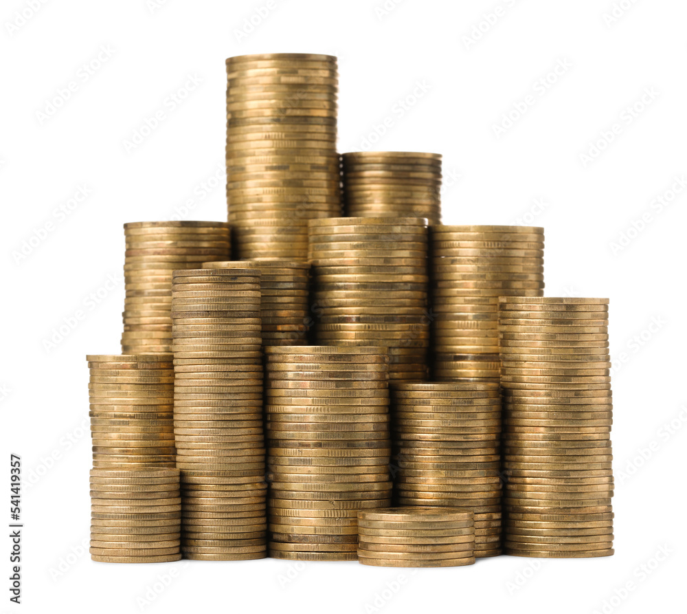 Many golden coins stacked on white background Many golden coins stacked on white background