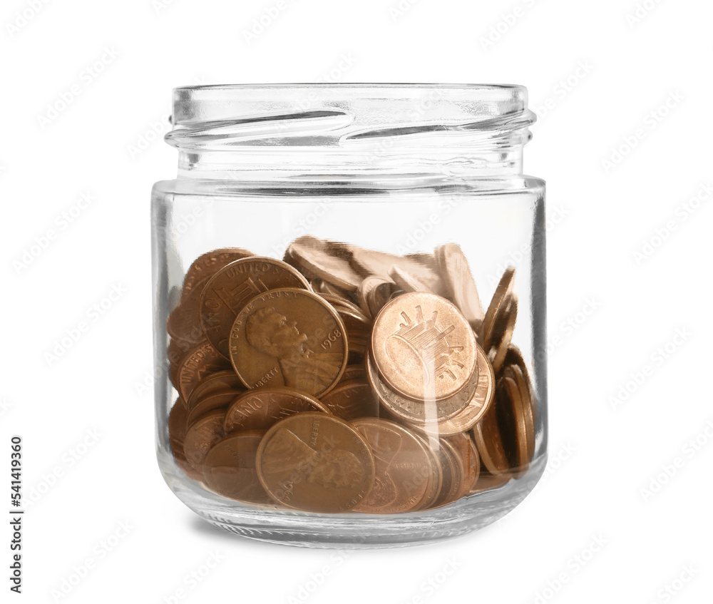 Glass jar with coins isolated on white Glass jar with coins isolated on white