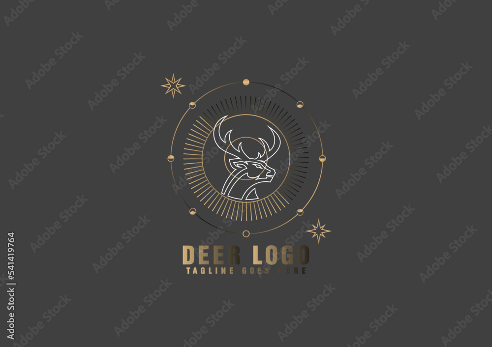 Unique Deer Circular Logo Design Icon, Deer Head Circular Icon, Geometric Deer Logo Concept, Rain Deer Illustration In Golden Colour.