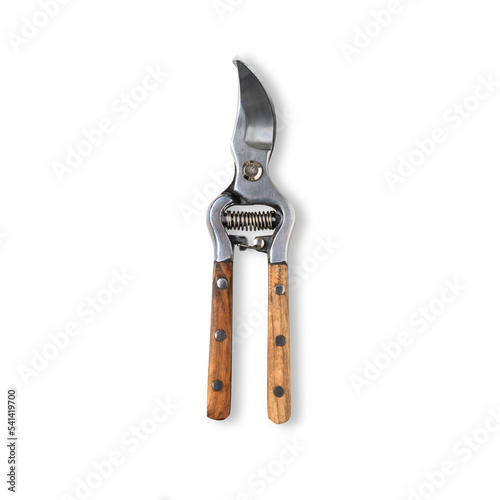 Garden secateurs with wooden handle isolated on a white background. Old garden prun. photo