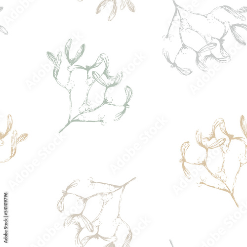 Vector Christmas Traditional Mistletoe Ornaments Drawing in Natural Colors seamless pattern background. Perfect for fabric, scrapbooking and interior design projects. photo