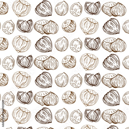 Seamless vector pattern with linear outline hazelnut. Sketches of nuts in vintage style