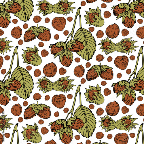 Seamless vector pattern with linear outline hazelnut. Sketches of nuts in vintage style