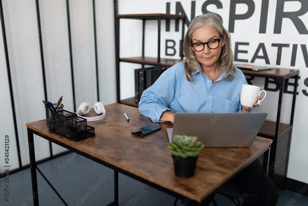 Middle Aged Older Business Woman In Her Fifties Working On A Laptop middle-aged-older-business-woman-in-her-fifties-working-on-a-laptop