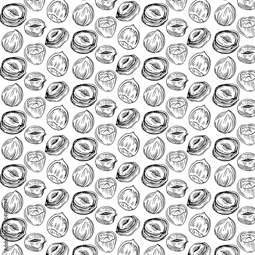 Seamless vector pattern with linear outline hazelnut. Sketches of nuts in vintage style