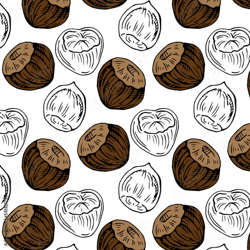 Seamless vector pattern with linear outline hazelnut. Sketches of nuts in vintage style
