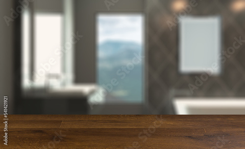 Bathroom interior bathtub. 3D rendering.. Mockup.   Empty painti. Background with empty wooden table. Flooring.