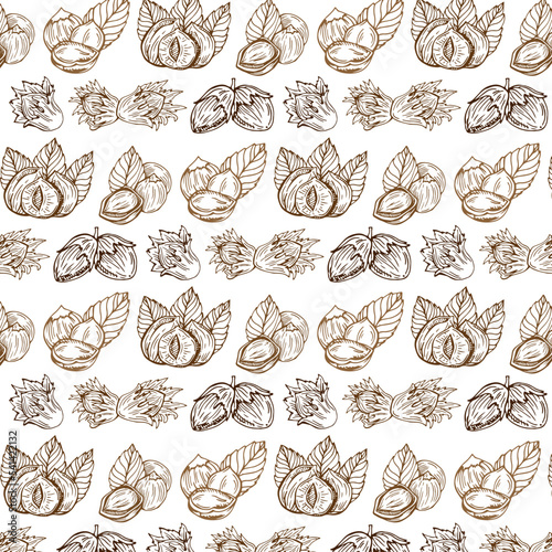 Fototapeta Naklejka Na Ścianę i Meble -  Seamless vector pattern with linear outline hazelnut. Sketches of nuts in vintage style