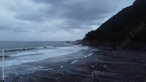 Aerial view with beach drone in the Basque Country at dawn