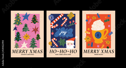 Vector set of Christmas greetings art posters with different traditional decoration in contemporary modern trendy style.
