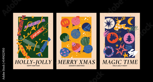 Vector set of Christmas greetings art posters with different traditional decoration in contemporary modern trendy style.