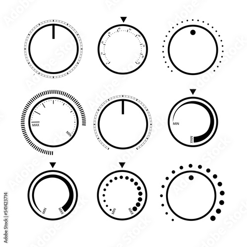 Adjustment dial. Rotary dials with round scale volume level knob and round controller