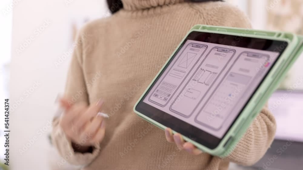 Tablet, ux design and hands of business woman presenting ideas, vision and plan in meeting. Web designer doing presentation to display user interface, digital design and template of mobile app